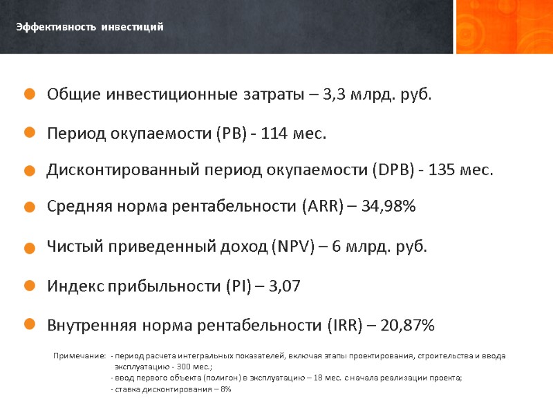 Эффективность инвестиций   Период окупаемости (РВ) - 114 мес.  Средняя норма рентабельности